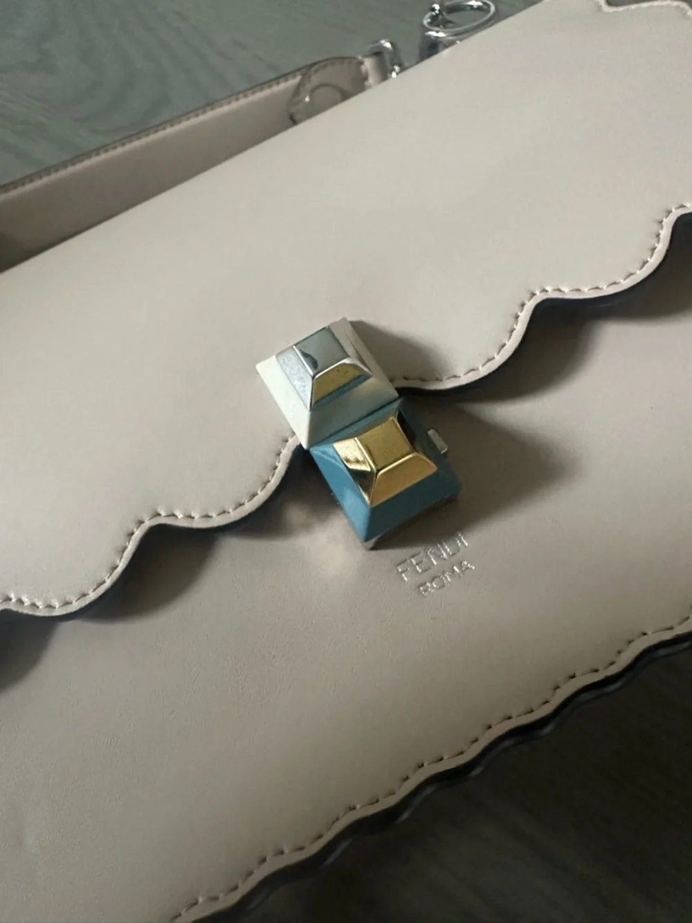 Fendi Cream Scalloped Leather Shoulder Bag with Blue and Gold Hardware - Picture 2 of 9